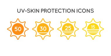 Güneş koruma Uv dizin, dizi Spf 50, Spf 30, 25, 15 vektör simgeler koleksiyonu.