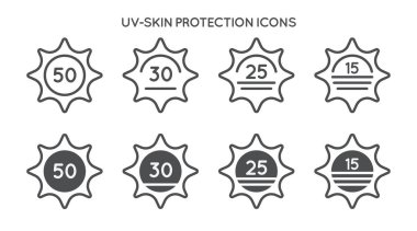 Güneş koruma Uv dizin, dizi Spf 50, Spf 30, 25, 15 vektör simgeler koleksiyonu.