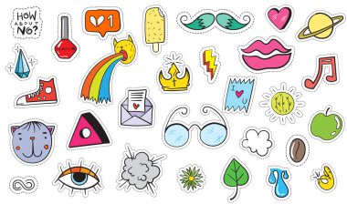 Şirin renkli Modern yama ayarlayın. Moda yamalar. Çizgi film 80 - 90 's tarzı. Vektör çizim