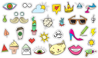 Şirin renkli Modern yama ayarlayın. Moda yamalar. Çizgi film 80 - 90 's tarzı. Vektör çizim