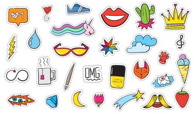 Şirin renkli Modern yama ayarlayın. Moda yamalar. Çizgi film 80 - 90 's tarzı. Vektör çizim