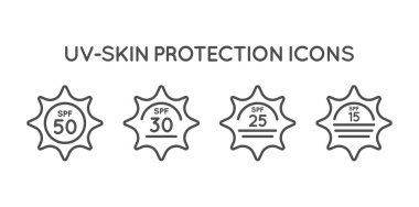 Güneş koruma Uv dizin, dizi Spf 50, Spf 30, 25, 15 vektör simgeler koleksiyonu.