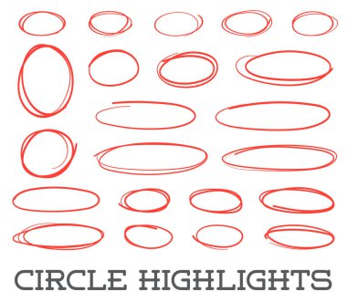 Highlight circles set. Vector collection. Hand drawn red ovals. Highlighting Text or important objects. Marker doodle sketch. Round scribble frames. Vector. clipart