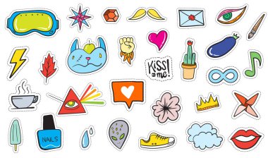 Şirin renkli Modern yama ayarlayın. Moda yamalar. Çizgi film 80 - 90 's tarzı. Vektör çizim