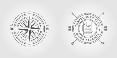 Kamp, macera, Expedition logosu vektör Illustration. Rozet. Açık eğlence, pusula, damga. Vintage tipografi tasarımı
