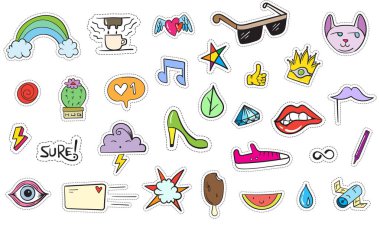 Şirin renkli Modern yama ayarlayın. Moda yamalar. Çizgi film 80 - 90 's tarzı. Vektör çizim