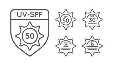 Güneş koruma Uv dizin, dizi Spf 50, Spf 30, 25, 15 vektör simgeler koleksiyonu.