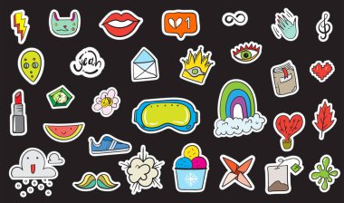 Şirin renkli Modern yama ayarlayın. Moda yamalar. Çizgi film 80 - 90 's tarzı. Vektör çizim