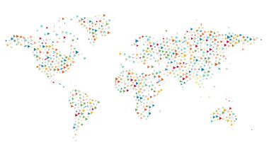 Geometrik minimalist stili simple dünya harita arka plan. Beyaz arka plan üzerinde renkli üçgenler. Üçgen desen iş tasarımınız için. Vektör.