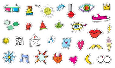 Şirin renkli Modern yama ayarlayın. Moda yamalar. Çizgi film 80 - 90 's tarzı. Vektör çizim