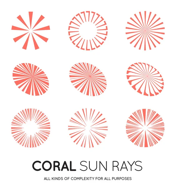 Set Raggi Sole Vettoriali Sunburst Colore Corallo Alla Moda — Vettoriale Stock