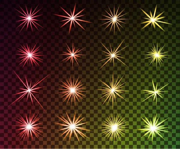 Reihe Von Leuchtenden Lichteffekten Funkeln Leuchtende Sterne Helle Lichtblitze Mit — Stockvektor