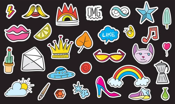 Şirin renkli Modern yama ayarlayın. Moda yamalar. Çizgi film 80 - 90 's tarzı. Vektör çizim