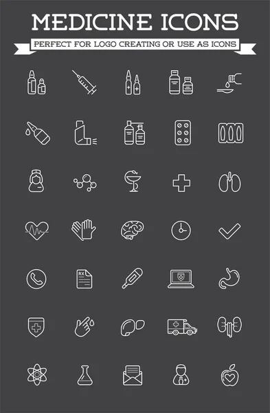 Tıp Ilaçlar Ilgili Simgeler Nce Vektör Simgeler Kümesi Siyah Beyaz — Stok Vektör