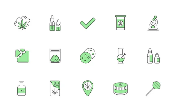 Producción Cannabis Compras Iconos Productos Cultivo Vector — Vector de stock