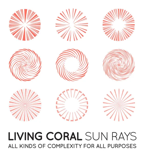 Set Med Sunburst Vector Strålar Sol Trendig Korall Färg — Stock vektor