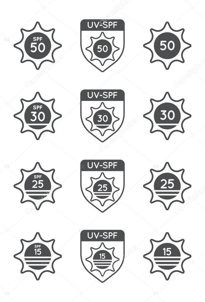 Set of Sun Protection UV Index, SPF 50, SPF 30, 25, 15 Vector Icons Collection.