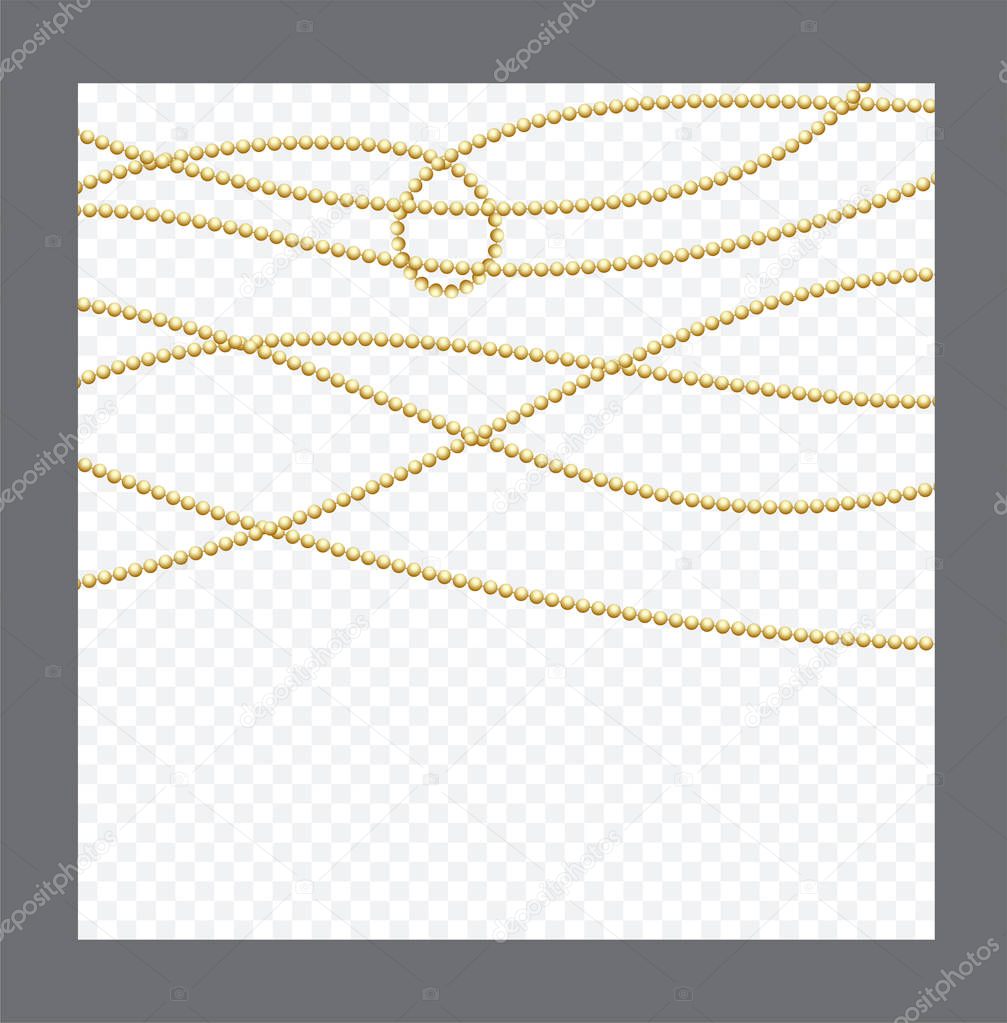 Golden or Bronze Color Round Chain. Realistic String Beads insulated. Decorative element. Gold Bead Design.Vector illustration.