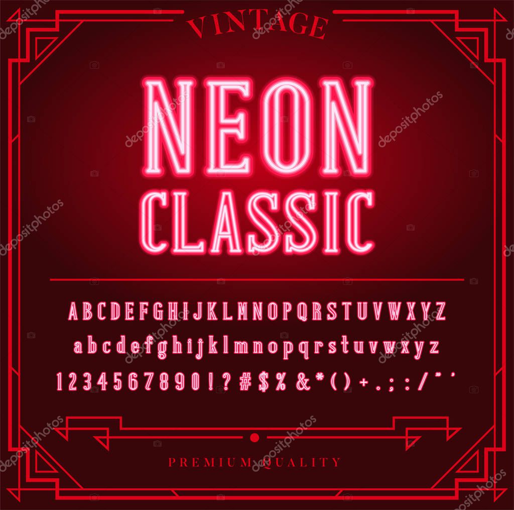 Bright Neon Alphabet Letters, Numbers and Symbols Sign in Vector. Night Show. Night Club.