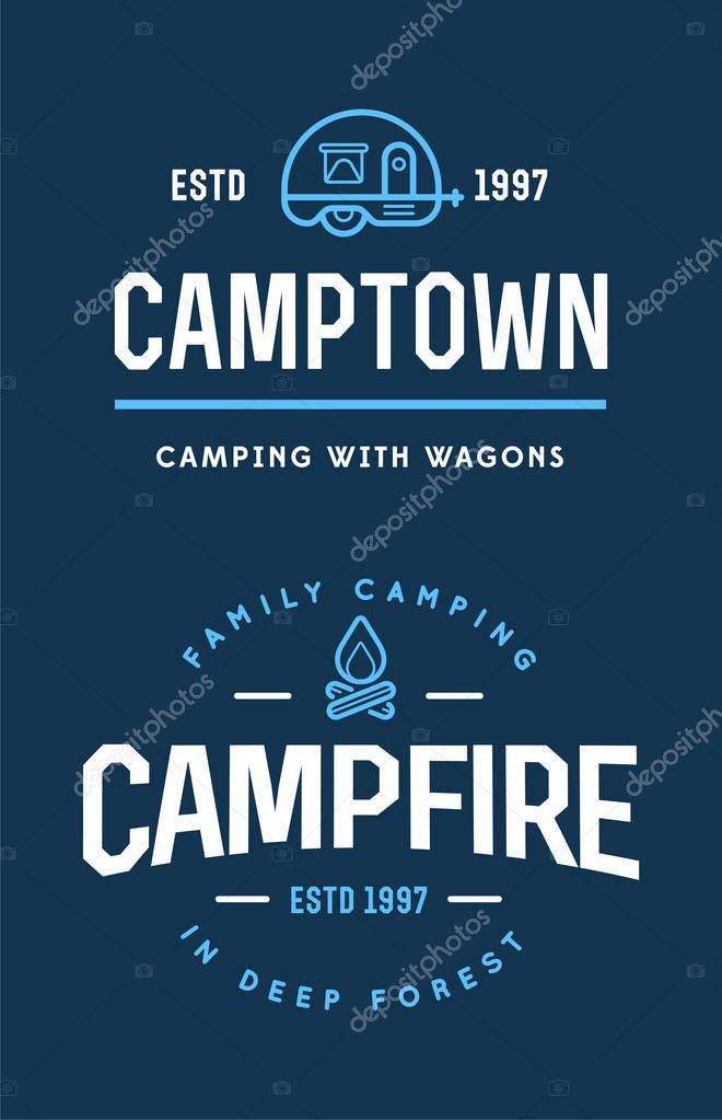 Set of camp logo with campfire and family trailer. Explore wilderness. Vector illustration.