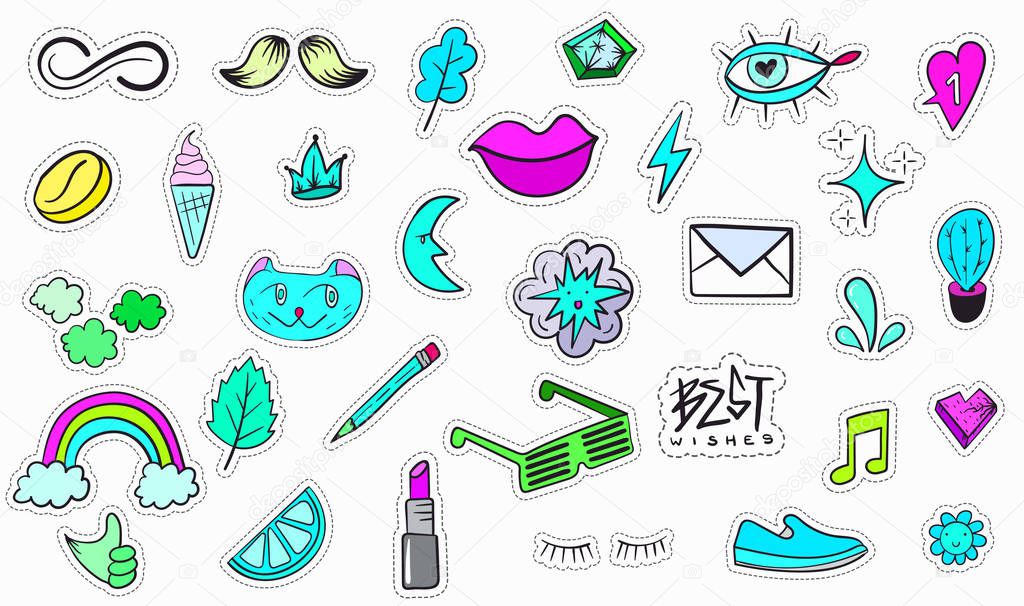 Big Set of Vaporwave Styled Colorful Modern Patches or Stickers. Fashion cyan magenta patches. Cartoon 80's - 90's retrowave style. Vector illustration.