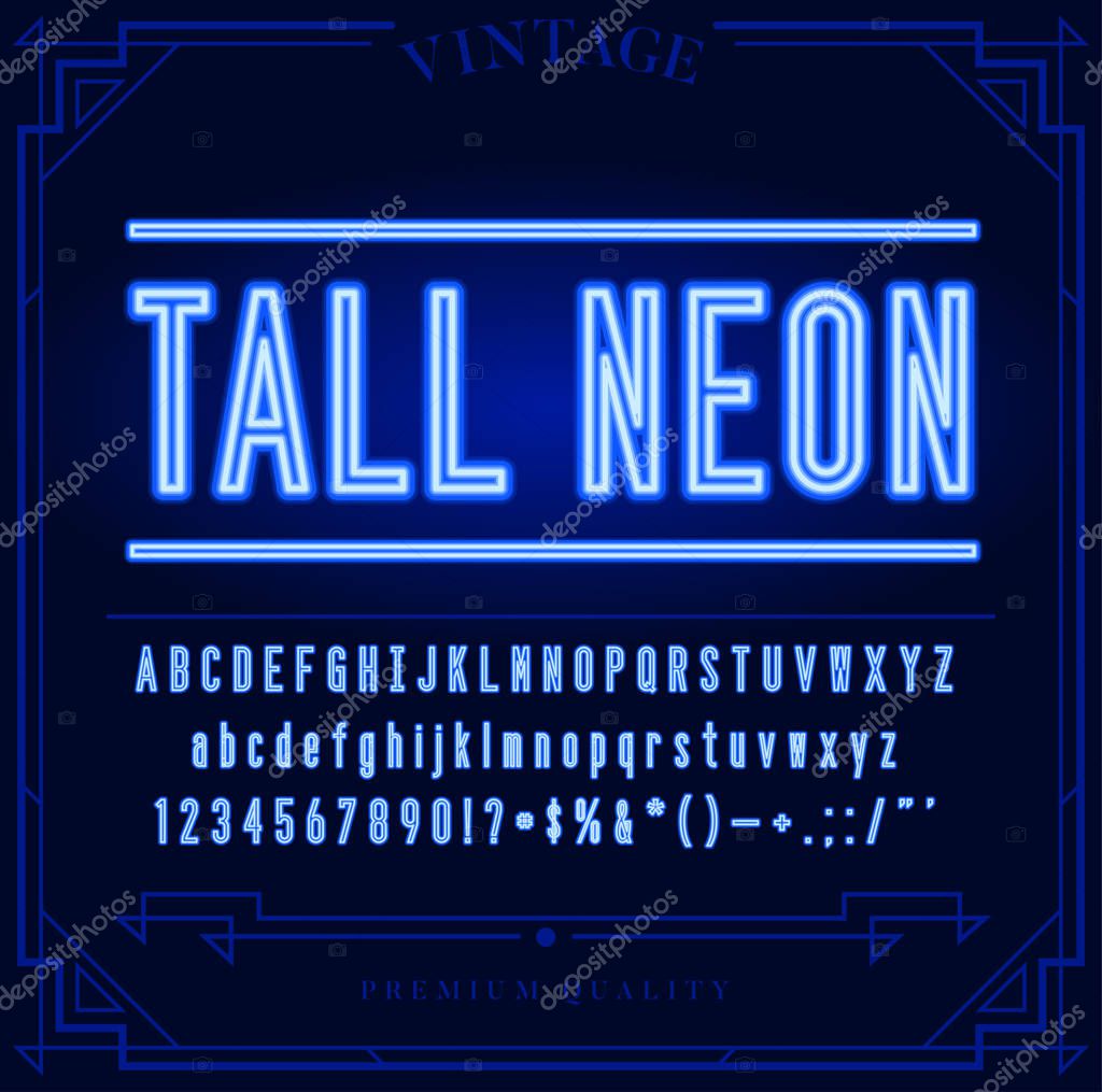Bright Neon Alphabet Letters, Numbers and Symbols Sign in Vector. Night Show. Night Club.