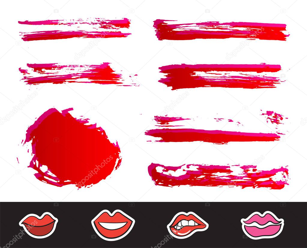 Red Lipstick Smears Set. Texture brush strokes isolated on white background. Make up. Vector illustration. 