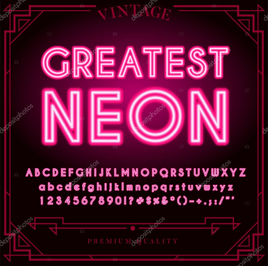 Bright Neon Alphabet Letters, Numbers and Symbols Sign in Vector. Night Show. Night Club.