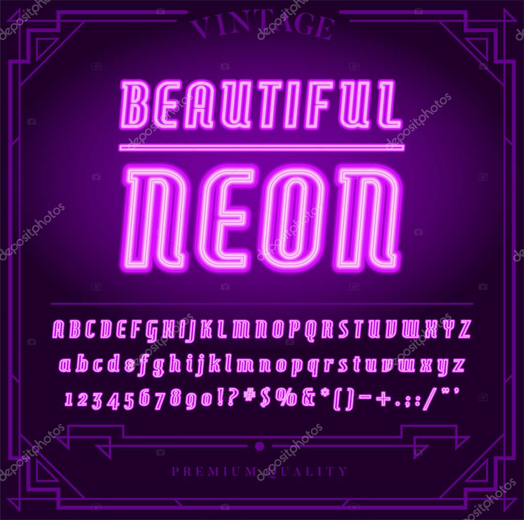 Bright Neon Alphabet Letters, Numbers and Symbols Sign in Vector. Night Show. Night Club.