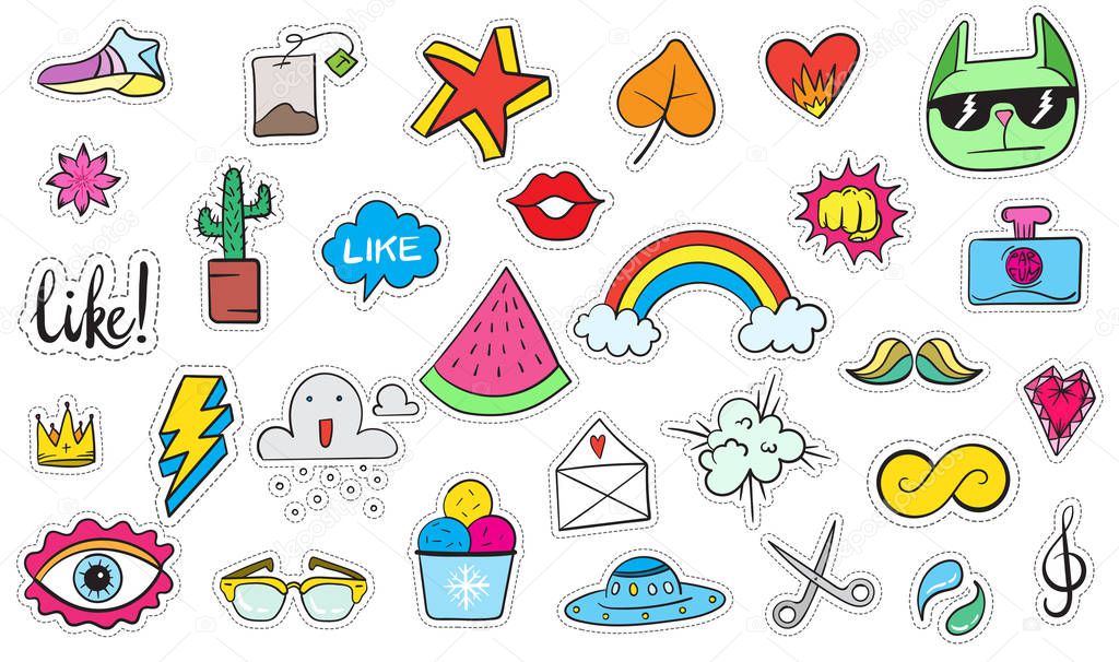 Cute Colorful Modern Patch Set. Fashion patches. Cartoon 80's - 90's style. Vector illustration