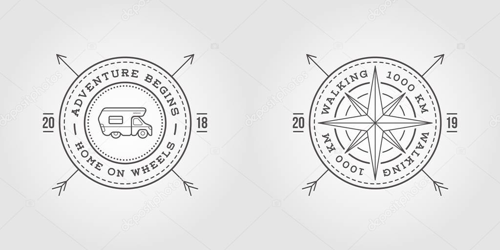 Set of Camper Car Logo Design Template and Wind Rose Star. Home on Wheels. Adventure Family Expedition. Vector.