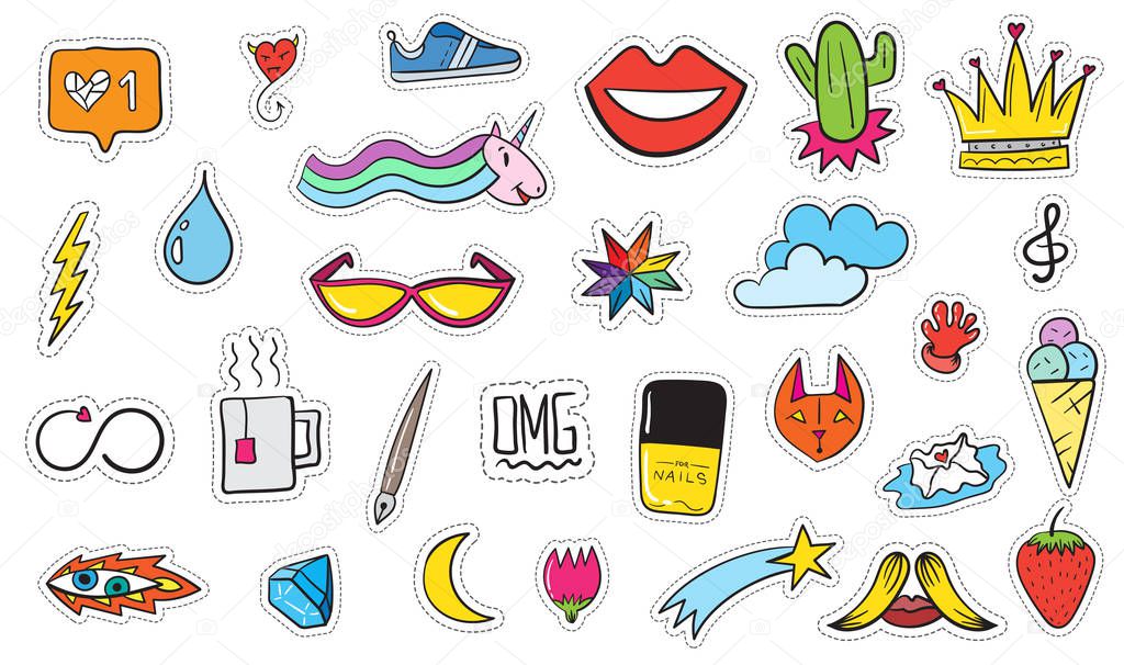 Cute Colorful Modern Patch Set. Fashion patches. Cartoon 80's - 90's style. Vector illustration