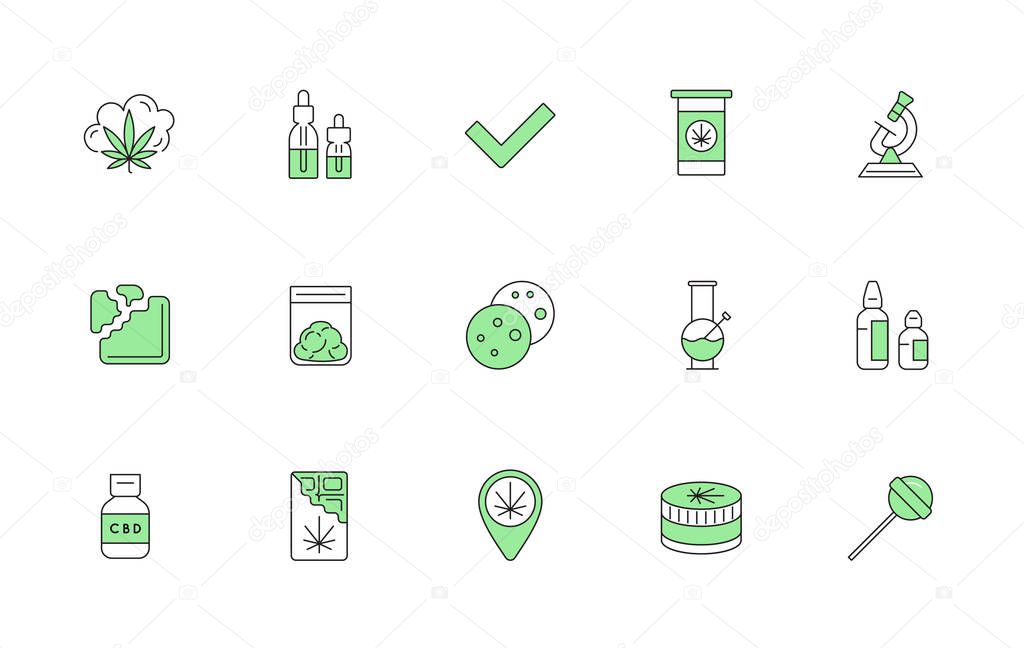 Cannabis Production and Shopping Product Icons, Growing. Vector.