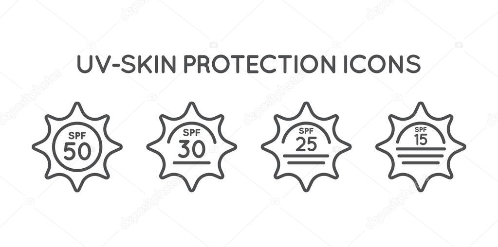 Set of Sun Protection UV Index, SPF 50, SPF 30, 25, 15 Vector Icons Collection.