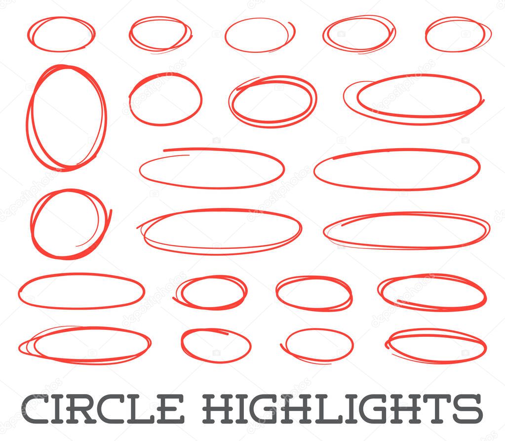 Highlight circles set. Vector collection. Hand drawn red ovals. Highlighting Text or important objects. Marker doodle sketch. Round scribble frames. Vector.