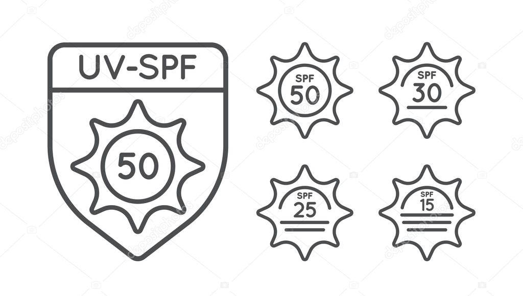 Set of Sun Protection UV Index, SPF 50, SPF 30, 25, 15 Vector Icons Collection.