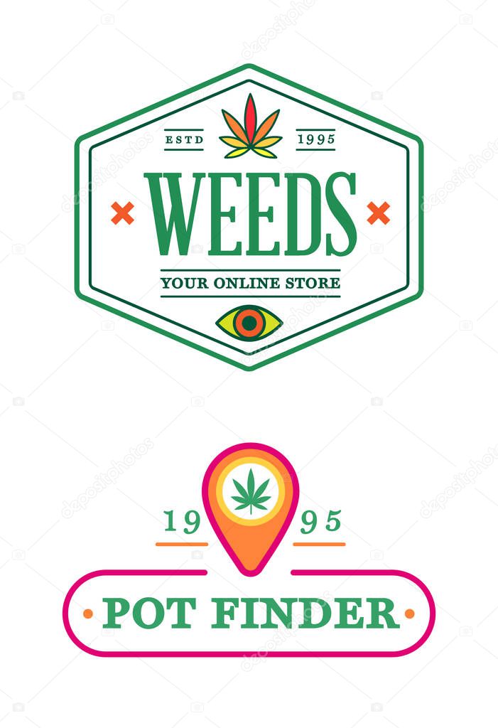 Set of Dispensary Medical Cannabis Marijuana Sign or Label Template in Vector. Sativa and Indica Strains.