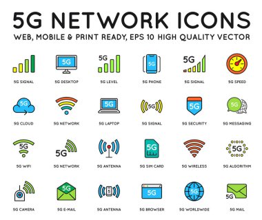Basit çizgi vuruş vektör simgesi seti, yeni beşinci nesil mobil ağ 5G, yüksek hızlı kablosuz bağlantı sistemleri.