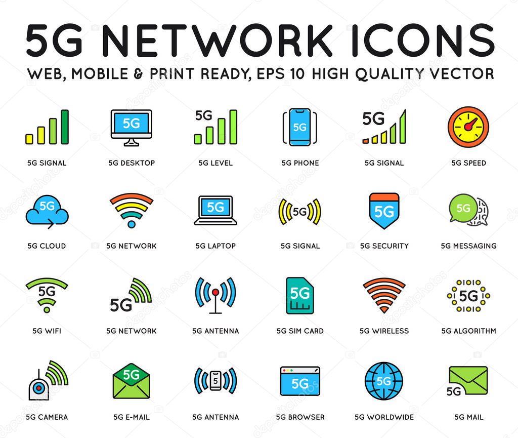 Simple line stroke vector icon set,new 5th generation mobile network 5G, high speed connection wireless systems.