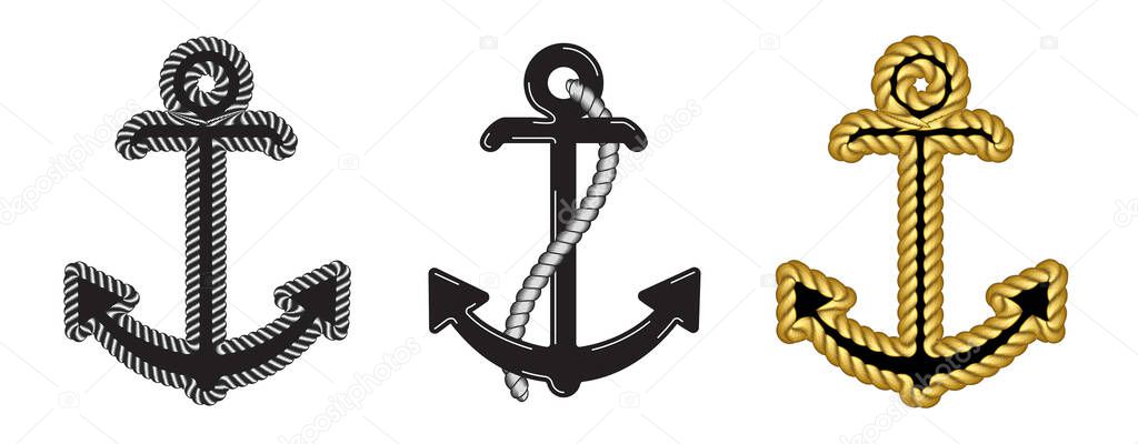 Set of Three Vector Nautical Anchor Logo. Icon. Maritime. Sea Ocean Boat Illustration Symbol