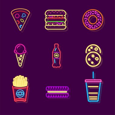 Fast Food Fast Food Neon tabelası. Fast food restoranı, Burger Cafe ya da Pizzeria Design. Parlayan ışık tabelası. Vektör.