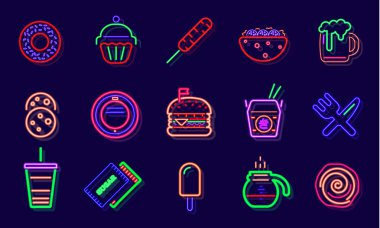 Fast Food Fast Food Neon tabelası. Fast food restoranı, Burger Cafe ya da Pizzeria Design. Parlayan ışık tabelası. Vektör.