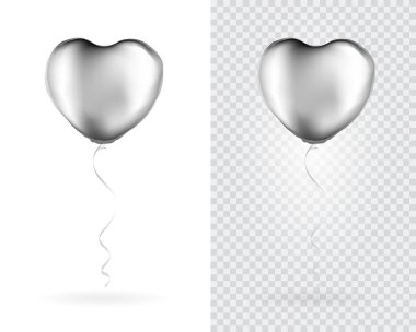 Şeffaf beyaz arka planda gümüş kalp şekilli folyo balonları. Parti Balonları tasarım dekorasyonu. Balon izi için maket. Vektör.