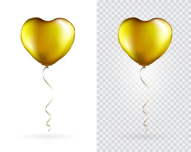 Şeffaf beyaz arka planda Altın Kalp şekilli folyo balonları. Parti Balonları tasarım dekorasyonu. Balon izi için maket. Vektör.