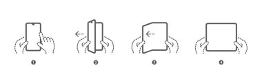 Katlanabilir ekran ile akıllı telefon tablet. El ile talimatları unfolding adım katlama adım. Vektör Izole.
