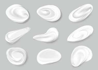 Gerçekçi kozmetik krem lekeleri. Beyaz kremalı cilt kremi kremi. Kalın, taze, pürüzsüz, izole vektör dokusu.