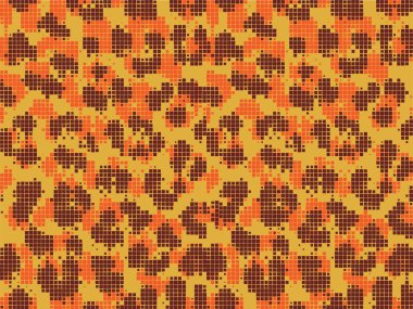 Leopar pikseli sanat stili desen tasarımını lekeler. Noktalı Vektör İllüstrasyon Arkaplanı. Hayvan kürkü. Kahverengi, turuncu, sarı.