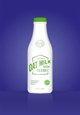 Renkli arkaplanlı yulaf ezmesi şişesi. Sağlıklı Organik Ürün. Vektör İllüstrasyonu. Reklam Şablonu. Yazdır.