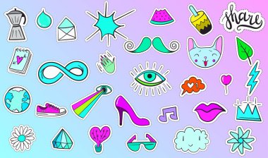 Büyük Buhar Dalgası Renkli Modern Yamalar veya Etiketler. Moda cyan morumsu bantlar. Çizgi film 80 'ler - 90' lar gerileme tarzı. Vektör illüstrasyonu.