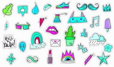 Büyük Buhar Dalgası Renkli Modern Yamalar veya Etiketler. Moda cyan morumsu bantlar. Çizgi film 80 'ler - 90' lar gerileme tarzı. Vektör illüstrasyonu.